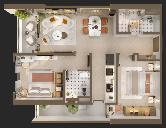 Phối cảnh bóc mái Căn 2 phòng ngủ (mẫu 2BR B3)