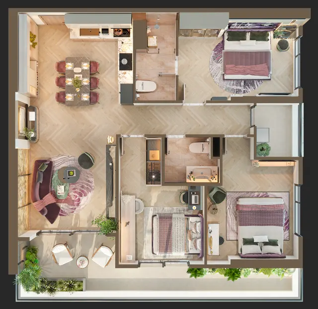 Phối cảnh bóc mái Căn 3 phòng ngủ (mẫu 3BR A1)